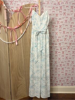 Alice + Olivia Shanti Blue & White Floral Toile Eyelet Wide Leg Jumpsuit XS 0/2